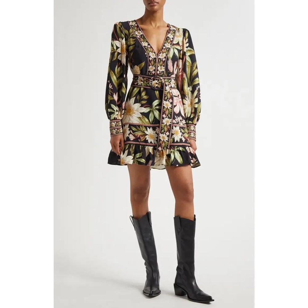Farm Rio Surreal Flowers Black Long Sleeve Mini Dress Belted V-Neck Size L